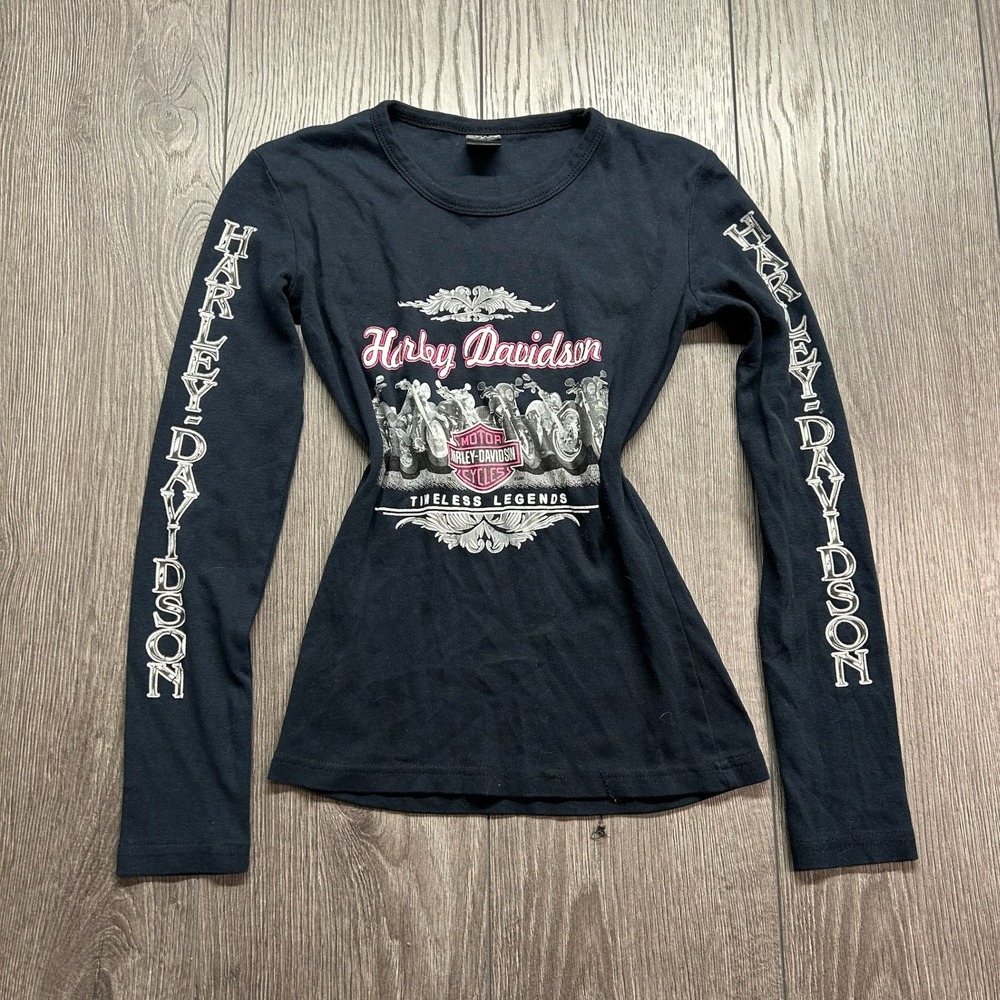 Harley Davidson Womens Small Long Sleeve Shirt Black Y2K Timeless Legends Vtg